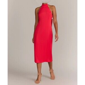 New York & Co Lena Dress Large Red Scuba Halter With Back Bow And Slit NWT